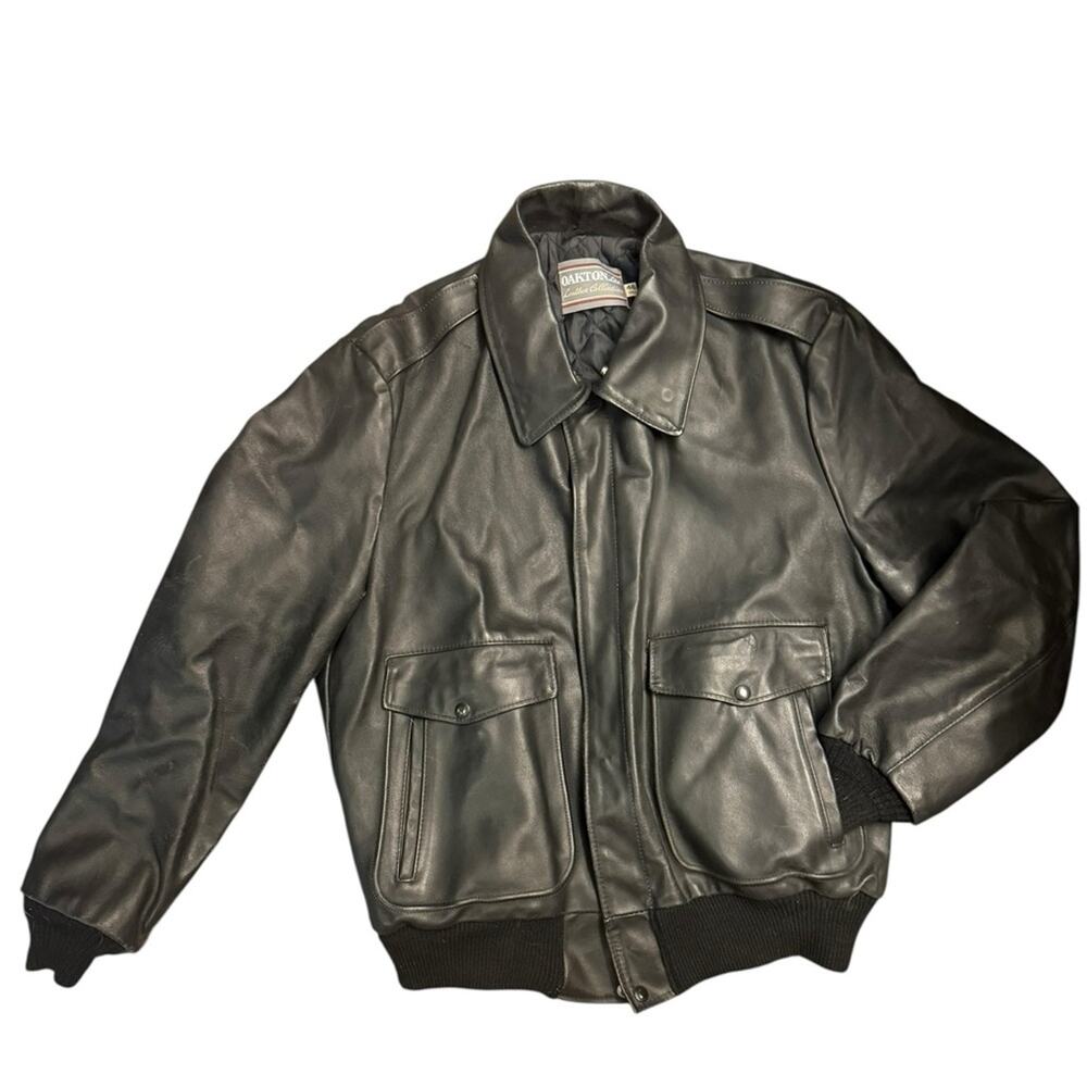 Vtg 90s Black Distressed Leather Bomber Jacket Mens Size 46 Tall Moto Aviator